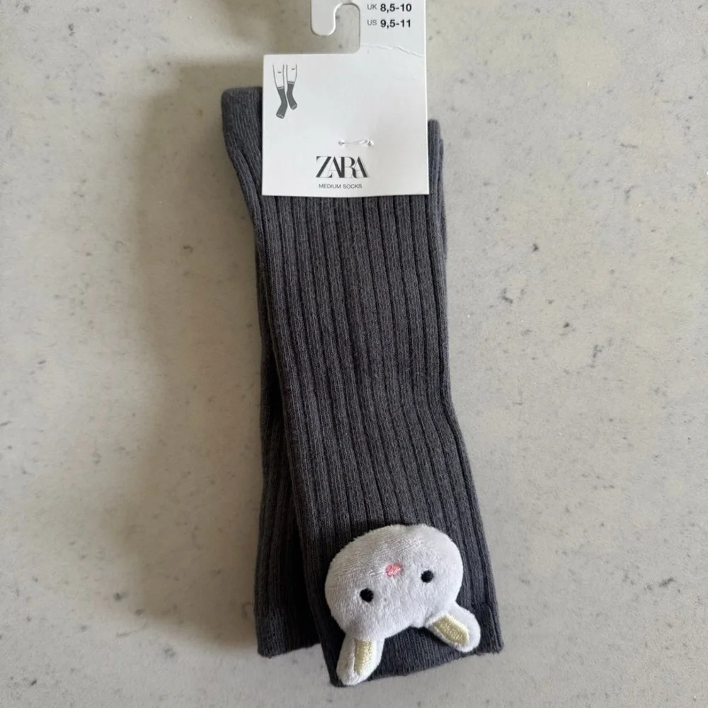 NWT Zara Girls Grey Ribbed Spring Easter 3D Bunny tall knee socks 4 5 6 Years